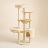 Arbre à chat en bois 135 cm à base ronde avec niche cylindrique et coupelles, vue d'ensemble