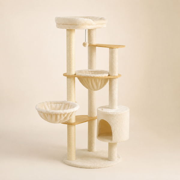 Arbre à chat en bois 135 cm à base ronde avec niche cylindrique et coupelles, vue d'ensemble