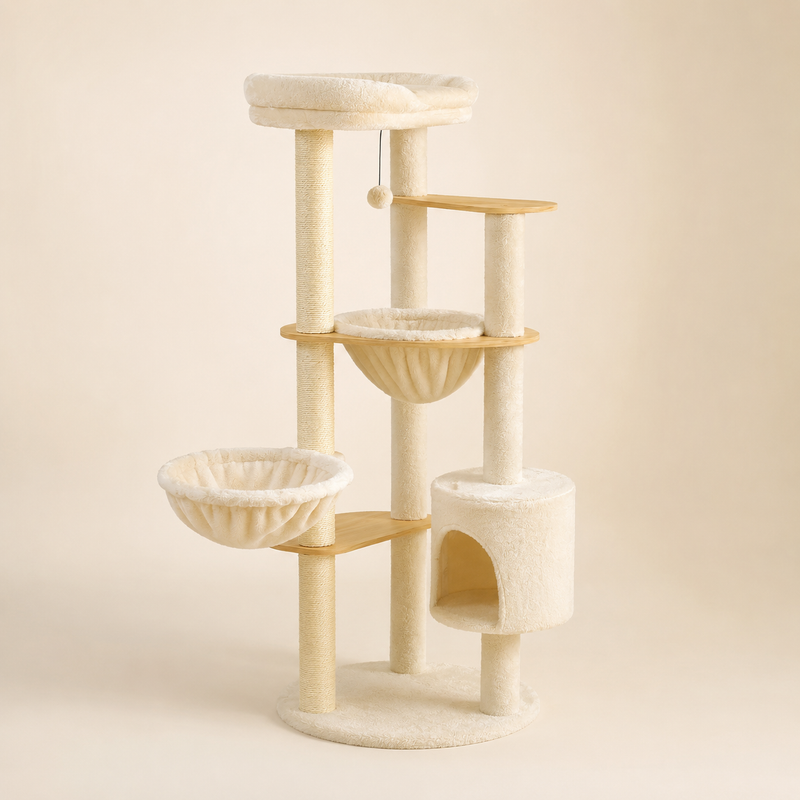 Arbre à chat en bois 135 cm à base ronde avec niche cylindrique et coupelles, vue d'ensemble