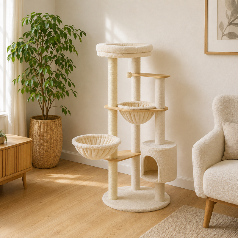 Arbre à chat à base ronde installé dans un salon scandinave lumineux