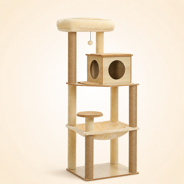 Arbre à chat en bois 143 cm avec niche cube et hamac, vue d'ensemble sur fond crème