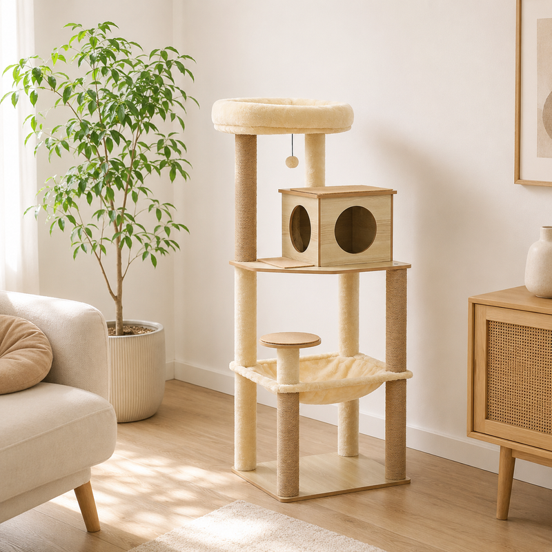 Arbre à chat en bois installé dans un salon scandinave lumineux