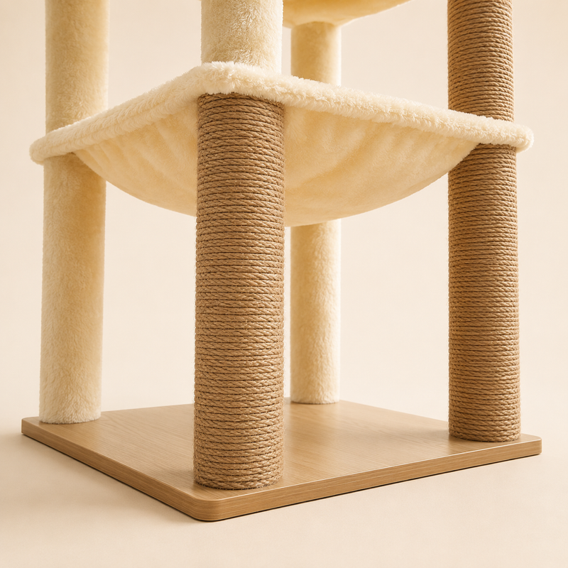Base carrée en panneau de bois et montants de l'arbre à chat, vue de détail