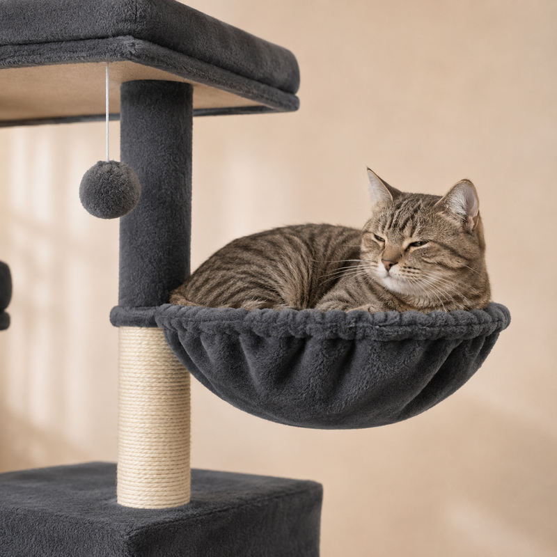 Chat tigré gris installé dans une coupelle-hamac de l'arbre à chat XXL