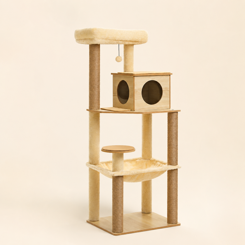 Arbre à chat en bois 143 cm avec niche cube, hamac et poteaux sisal, sur fond crème