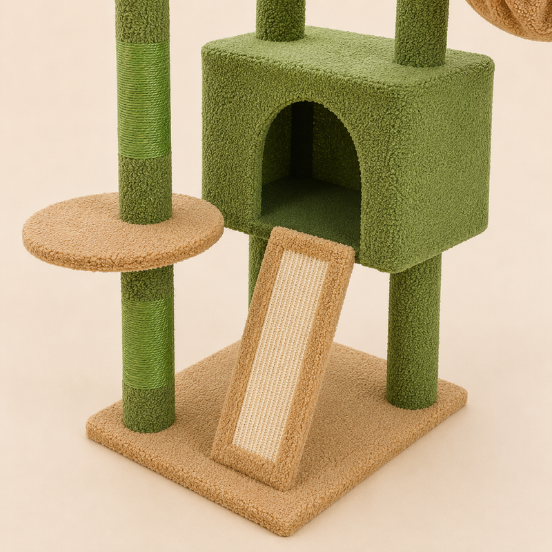 Détail de la niche verte et de la rampe à griffer en sisal