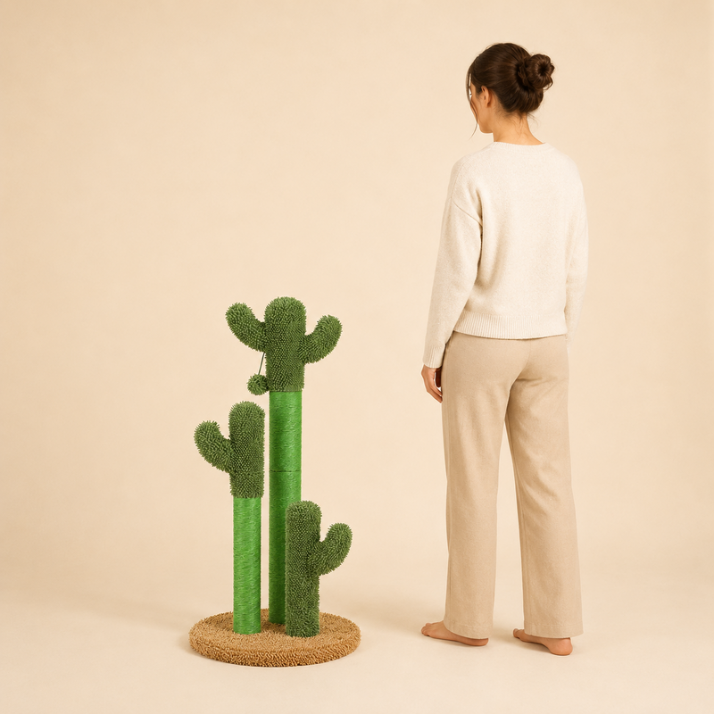 Griffoir cactus de 83 cm à côté d'une femme adulte pour montrer sa taille réelle