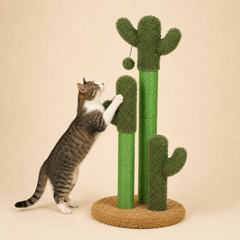 Chat tigré dressé sur ses pattes arrière en train de griffer le poteau du cactus