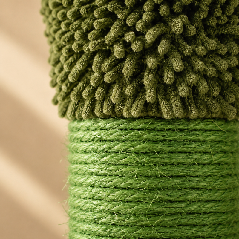 Gros plan sur les spires de sisal vert et le tissu chenille du cactus