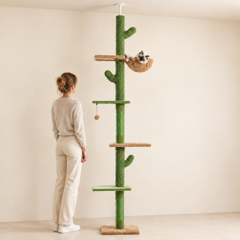 Arbre à chat cactus sol-plafond à côté d'une personne debout, repère d'échelle de 229 à 275 cm