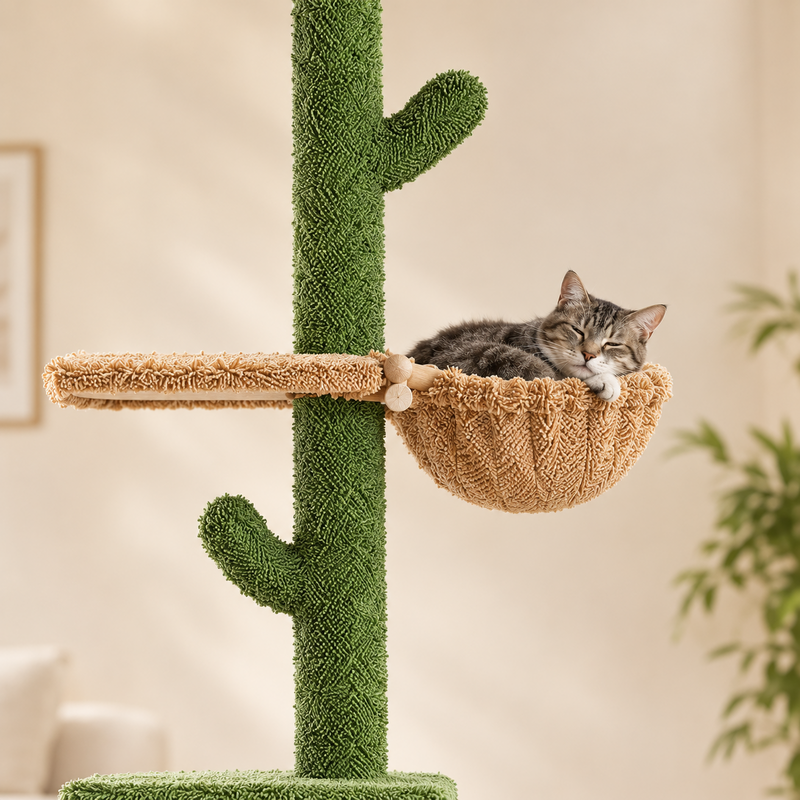 Chat tigré endormi dans le hamac de l'arbre à chat cactus