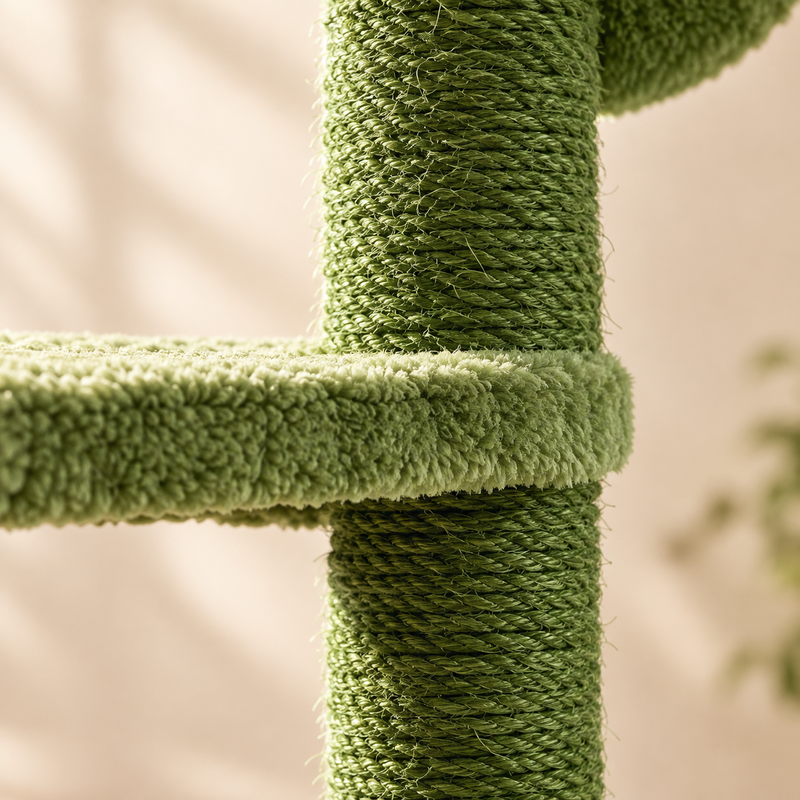 Gros plan sur le sisal vert de l'arbre à chat cactus, fibre par fibre, et la jonction d'une plateforme
