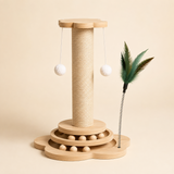 Griffoir colonne 40 cm en sisal avec base bois à circuit à billes et canne à plumes