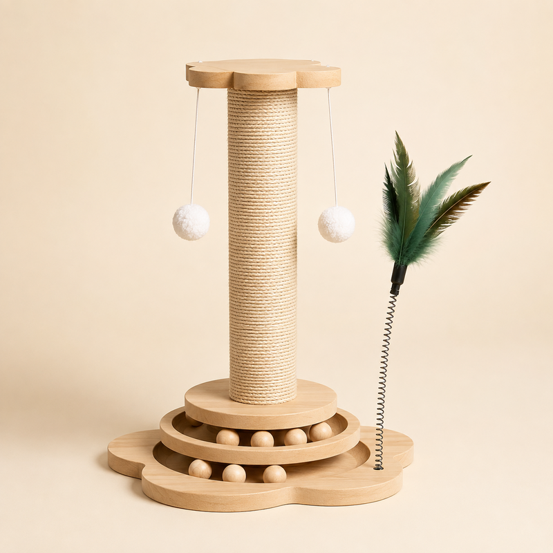 Griffoir colonne 40 cm en sisal avec base bois à circuit à billes et canne à plumes