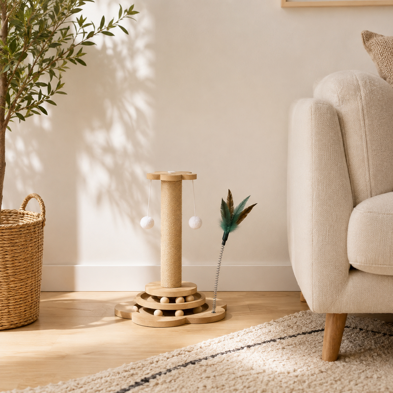 Griffoir colonne installé dans un salon scandinave lumineux