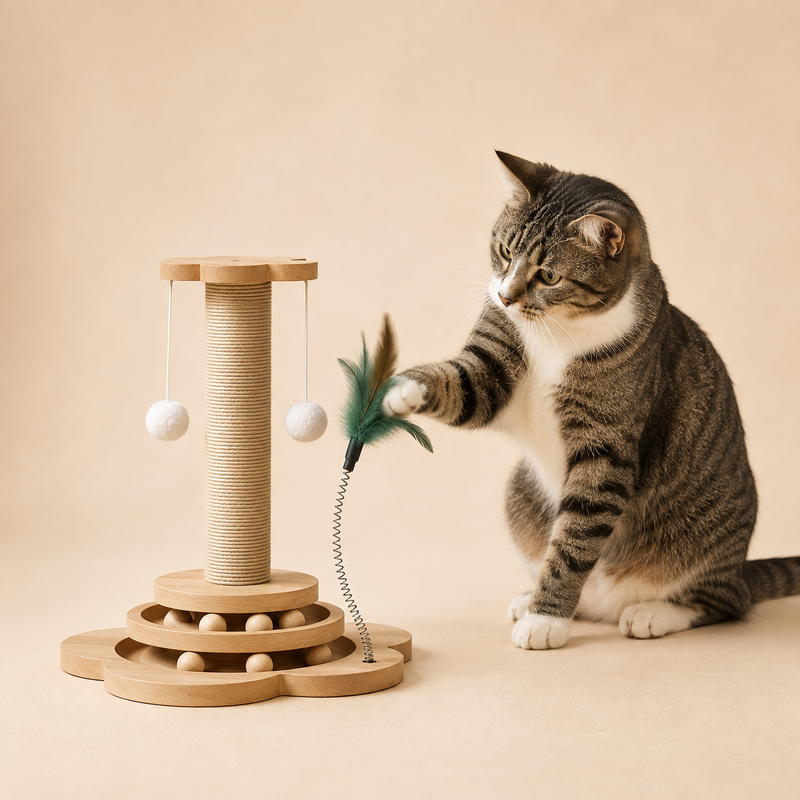Chat tigré jouant avec la canne à plumes sur ressort du griffoir