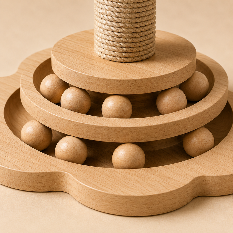 Double circuit à billes en bois dans la base en forme de patte de chat