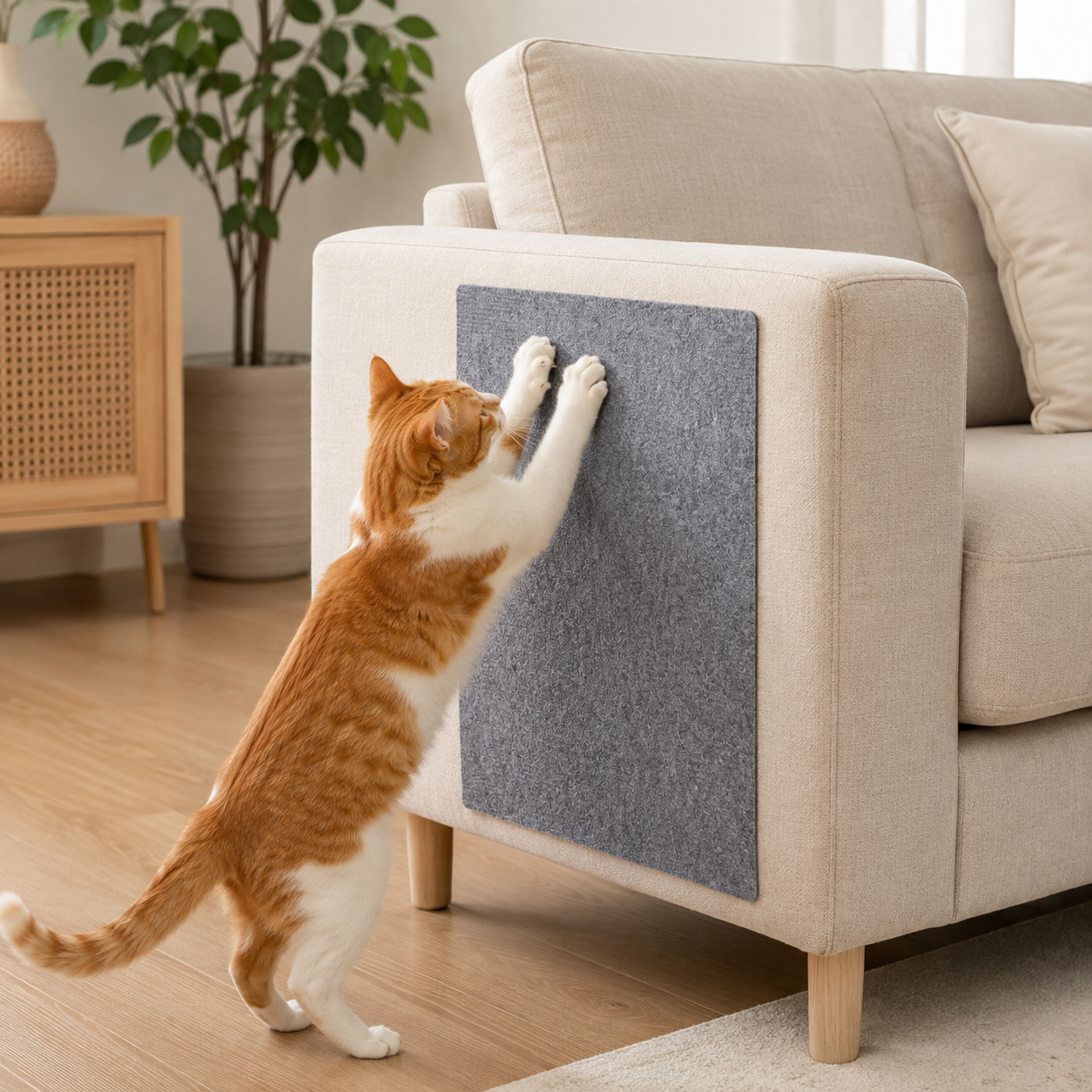 Bande de feutre gris collée sur l'accoudoir d'un canapé, un chat roux griffe dessus