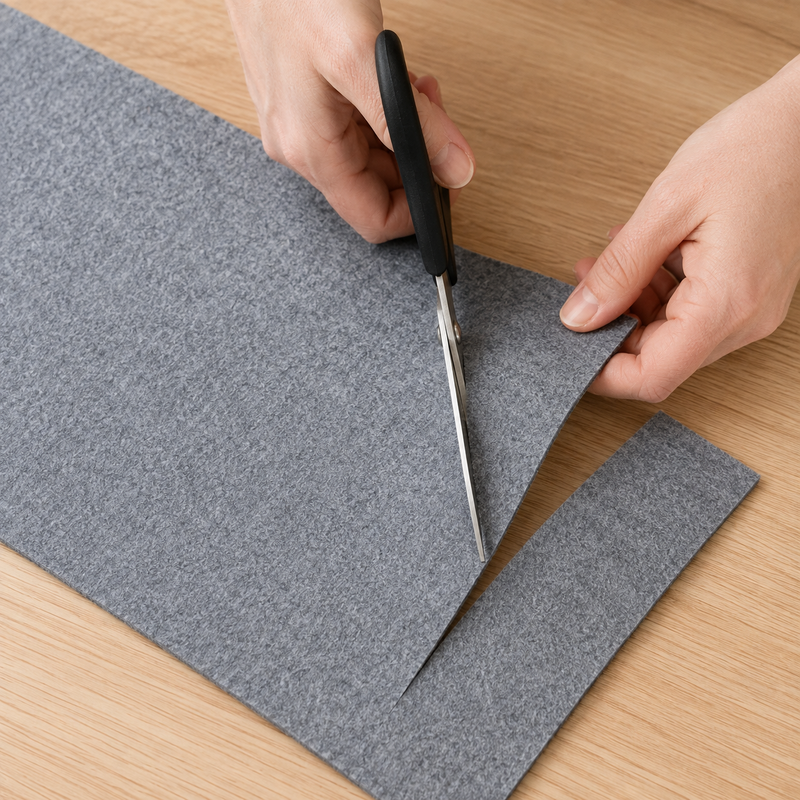 Le feutre se découpe aux ciseaux à la taille voulue, sur une table en bois