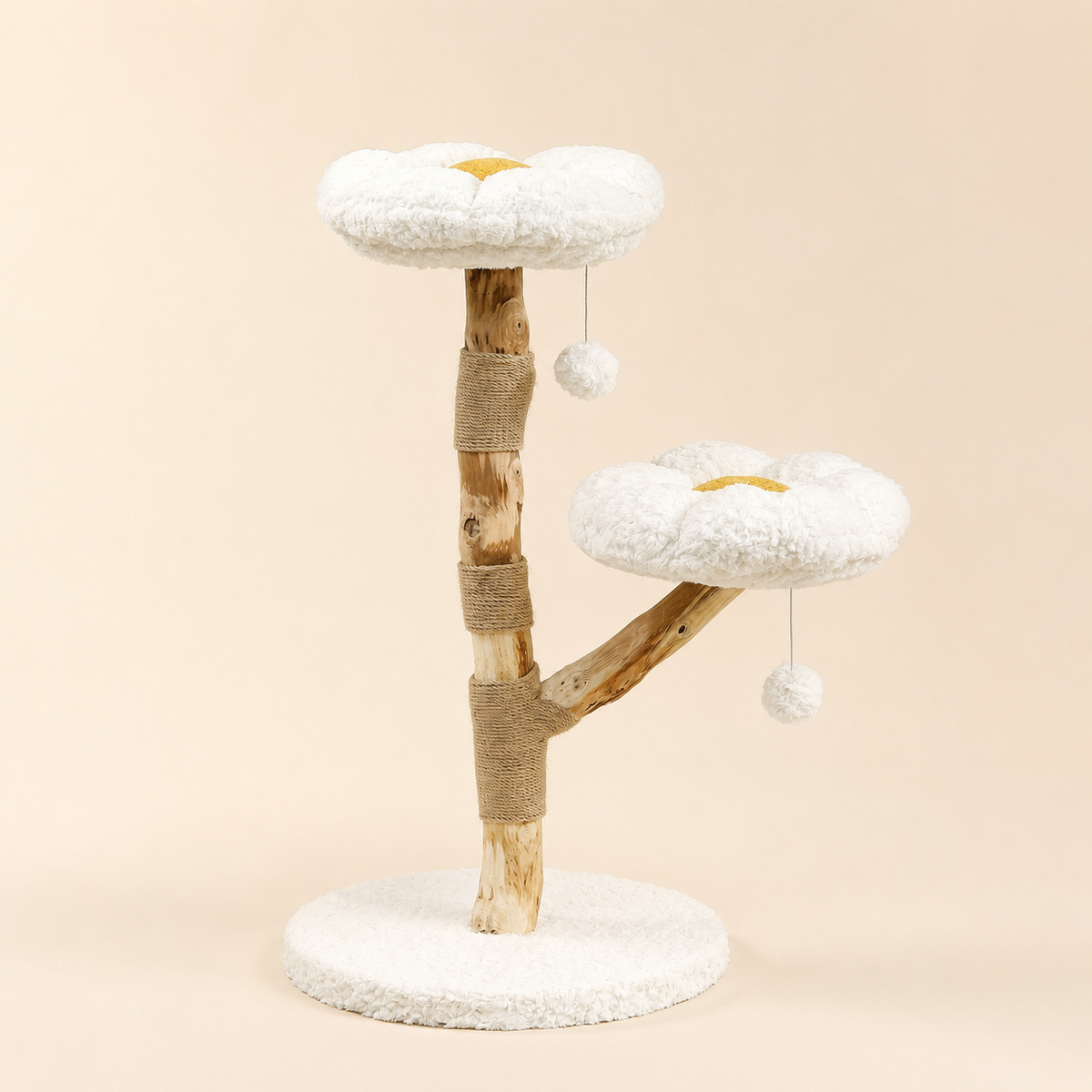 Arbre à chat fleur en bois naturel 92 cm avec deux perchoirs pétale blancs
