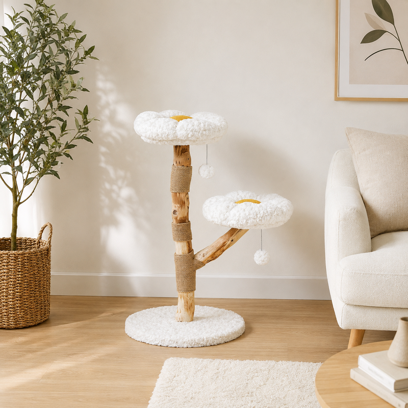 Arbre à chat fleur en bois installé dans un salon scandinave lumineux