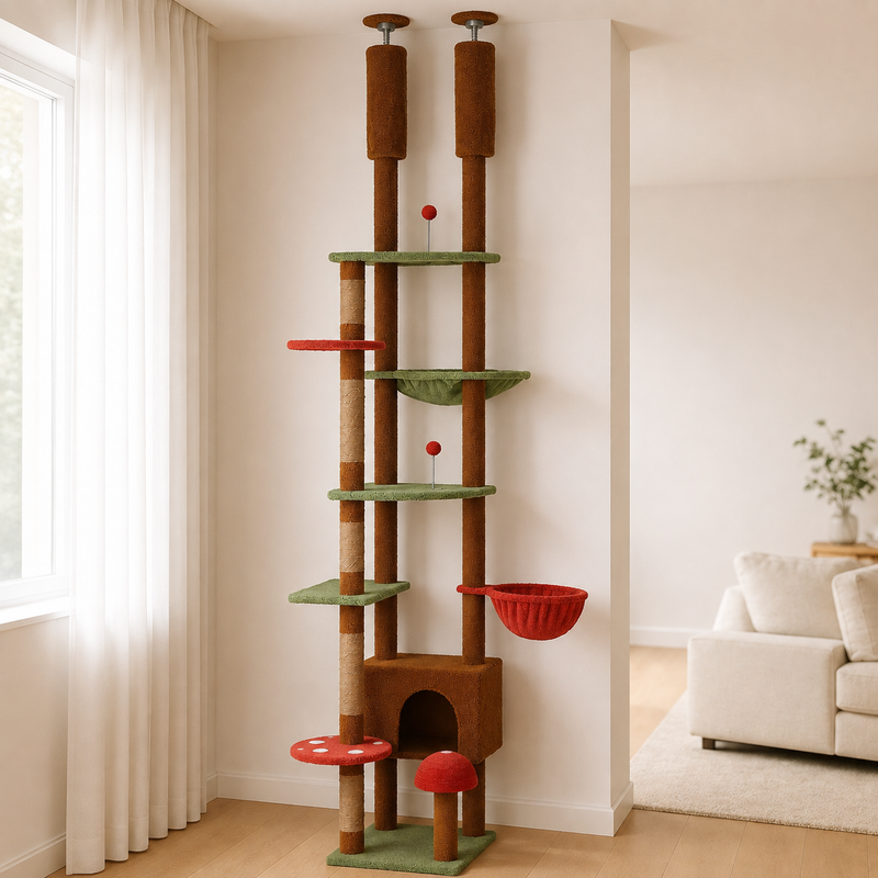 Arbre à chat forêt installé du sol au plafond dans un salon lumineux