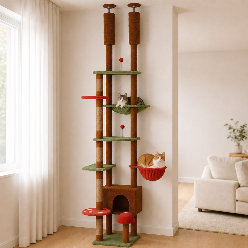 Deux chats installés dans le hamac vert et la coupelle rouge de l'arbre à chat