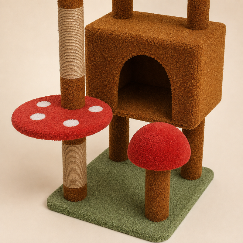 Détail de la niche marron et des tabourets champignons rouges à pois blancs