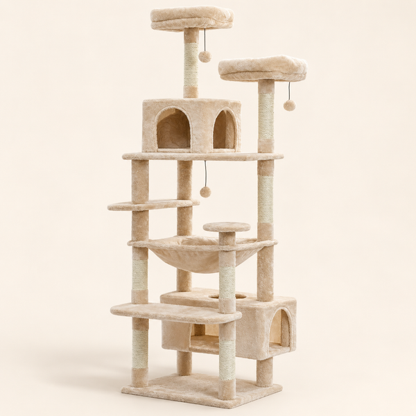 Grand arbre à chat Maine Coon beige crème, vue d'ensemble sur fond neutre