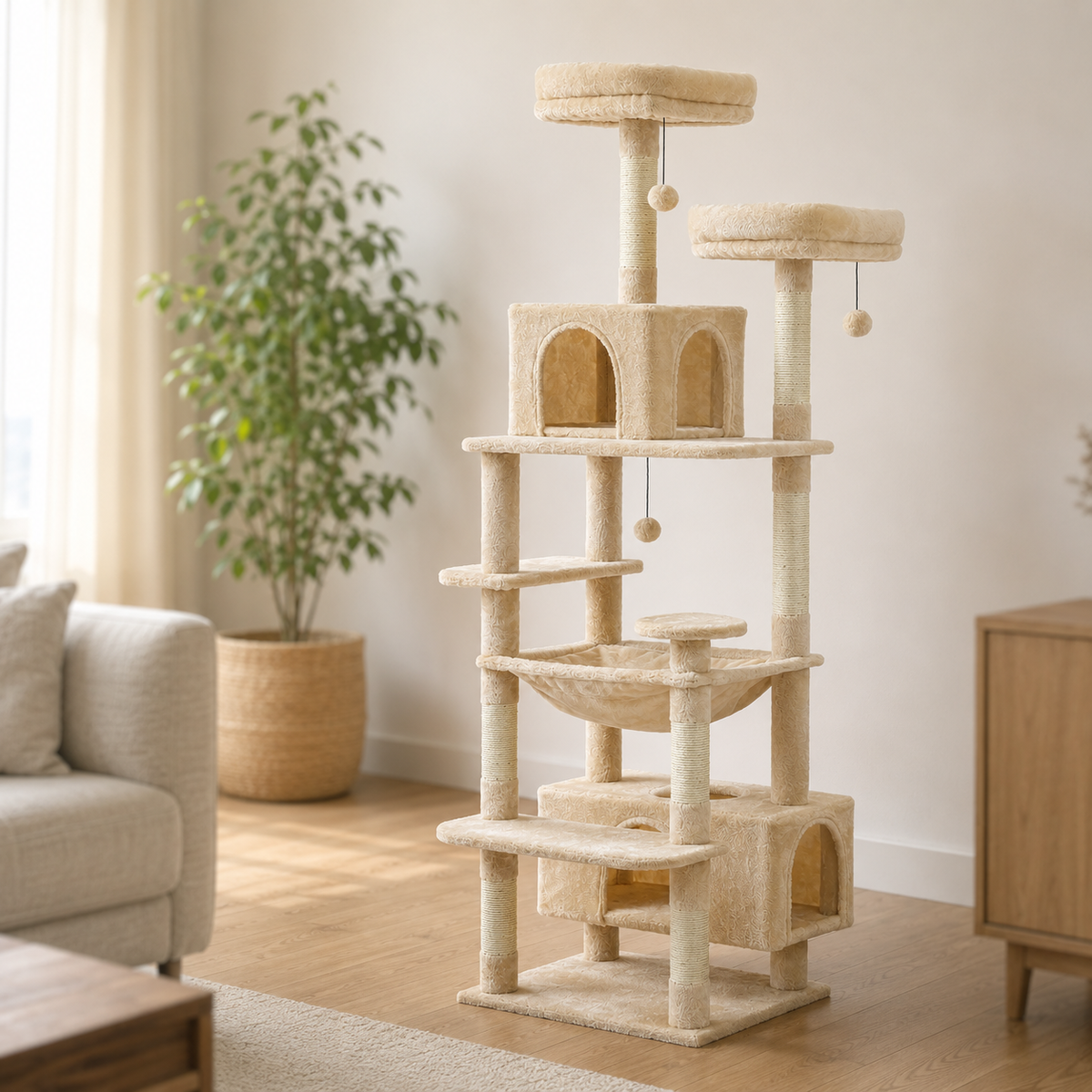 Grand arbre à chat Maine Coon installé dans un salon lumineux