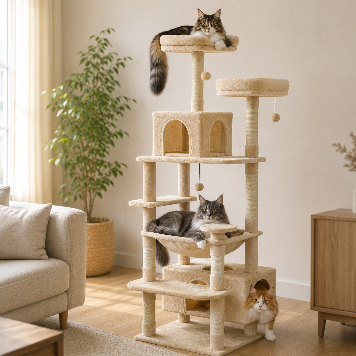 Trois Maine Coon adultes installés sur l'arbre à chat, échelle réelle