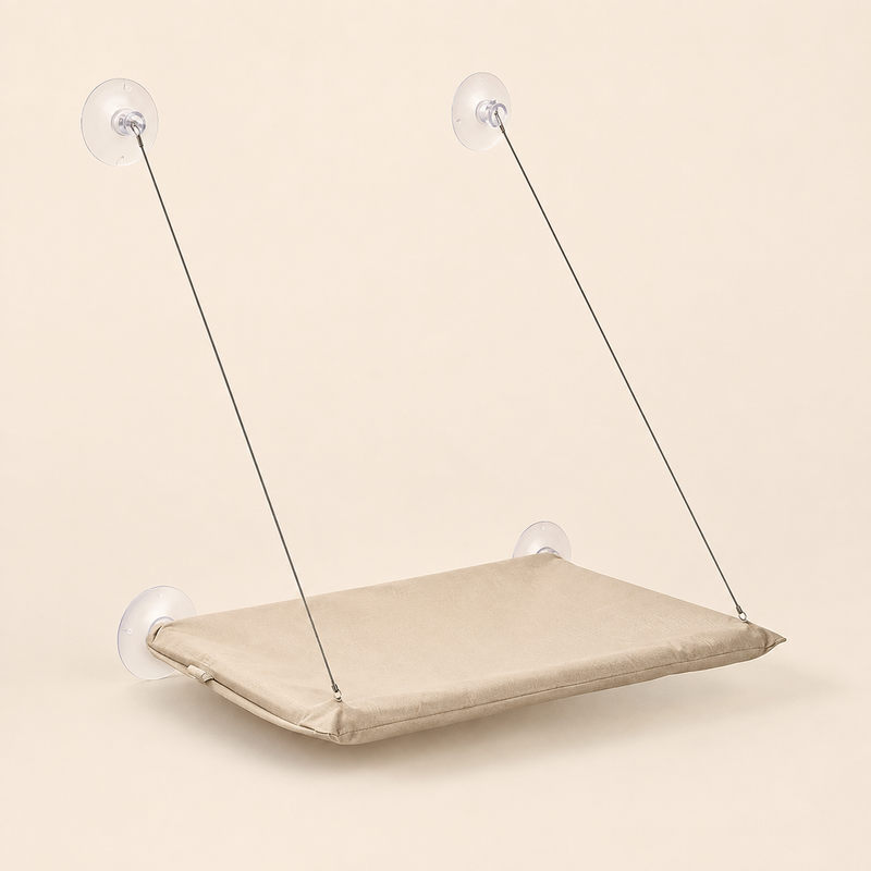 Hamac de fenêtre pour chat beige, vue d'ensemble avec ses quatre ventouses