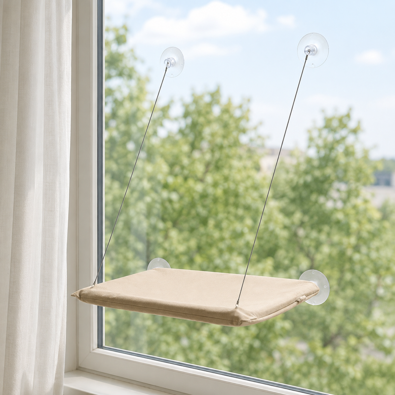 Hamac fixé par ventouses sur la vitre d'une fenêtre lumineuse