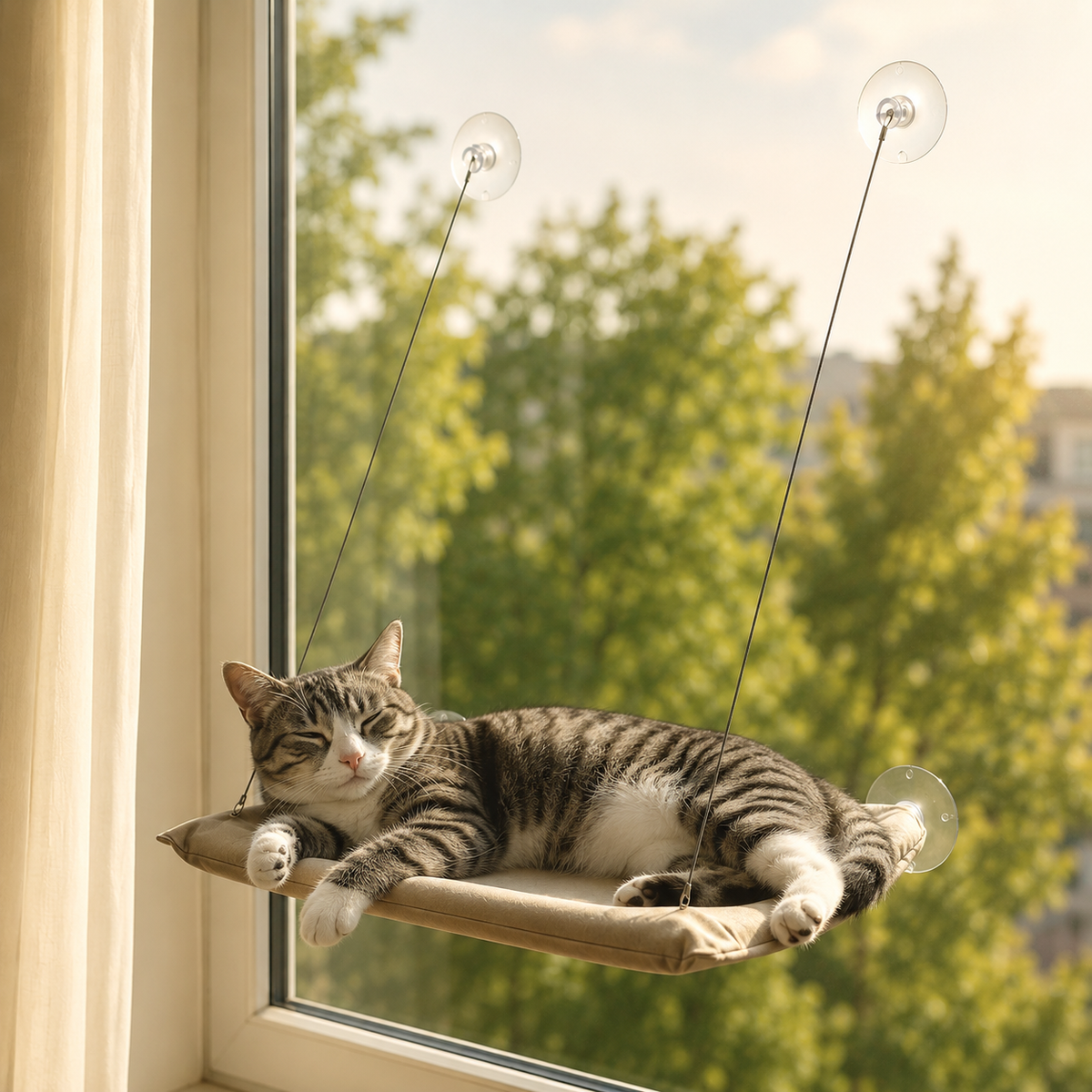 Chat allongé de tout son long dans le hamac de fenêtre, au soleil
