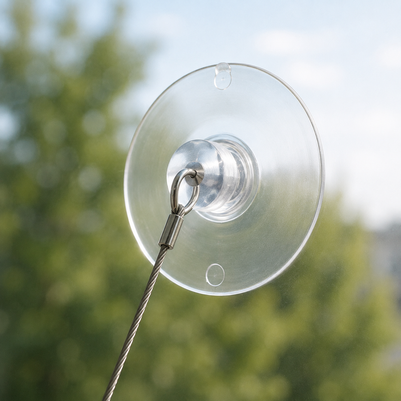 Détail d'une ventouse plaquée sur la vitre et de son câble d'acier