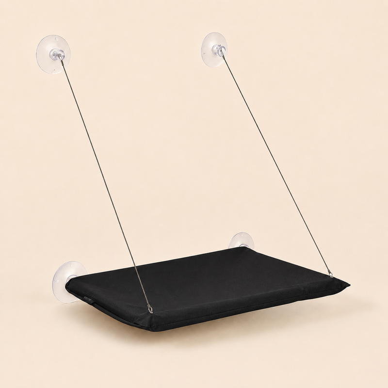 Hamac de fenêtre pour chat coloris noir, sur fond studio