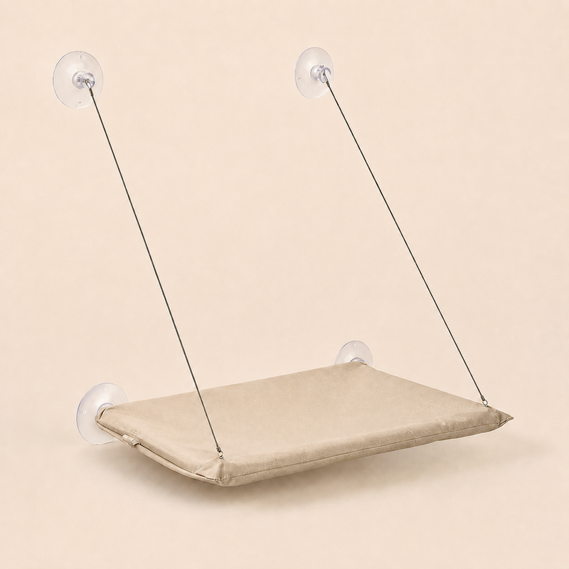 Hamac de fenêtre pour chat coloris beige, sur fond studio