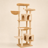 Arbre à chat Maine Coon 175 cm coloris beige, panier rond et deux niches