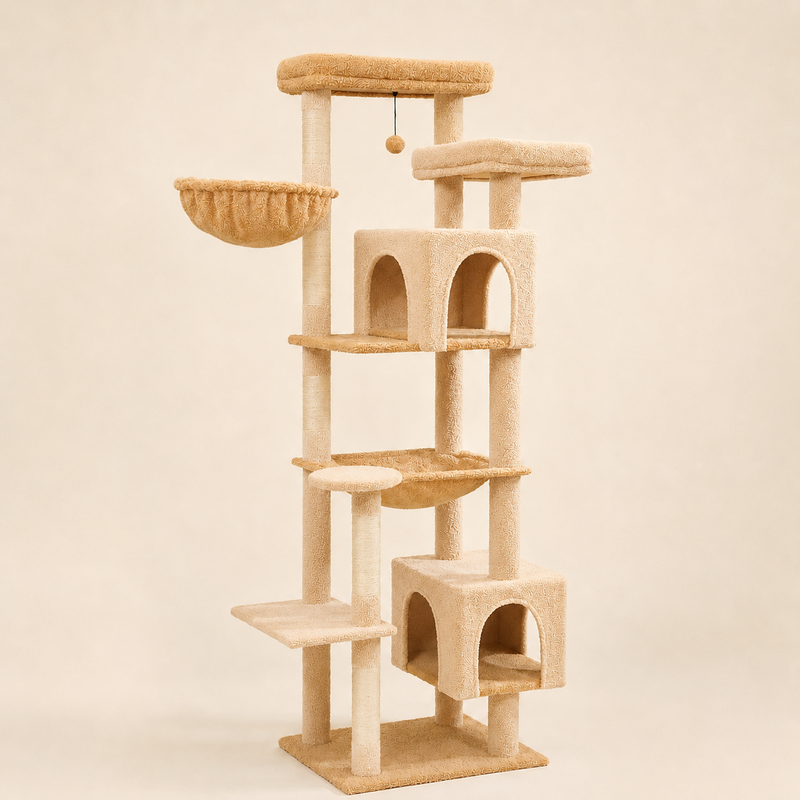 Arbre à chat Maine Coon 175 cm coloris beige, panier rond et deux niches