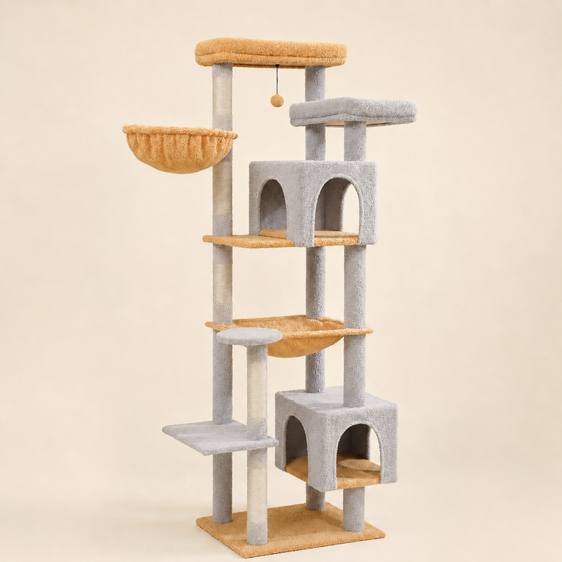 Arbre à chat Maine Coon 175 cm coloris gris clair, panier rond et deux niches