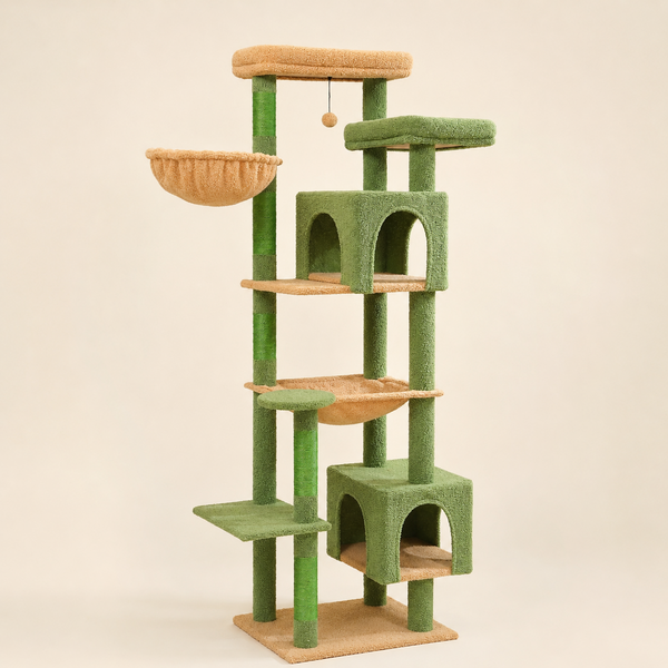 Arbre à chat Maine Coon 175 cm vert avec panier rond suspendu et deux niches