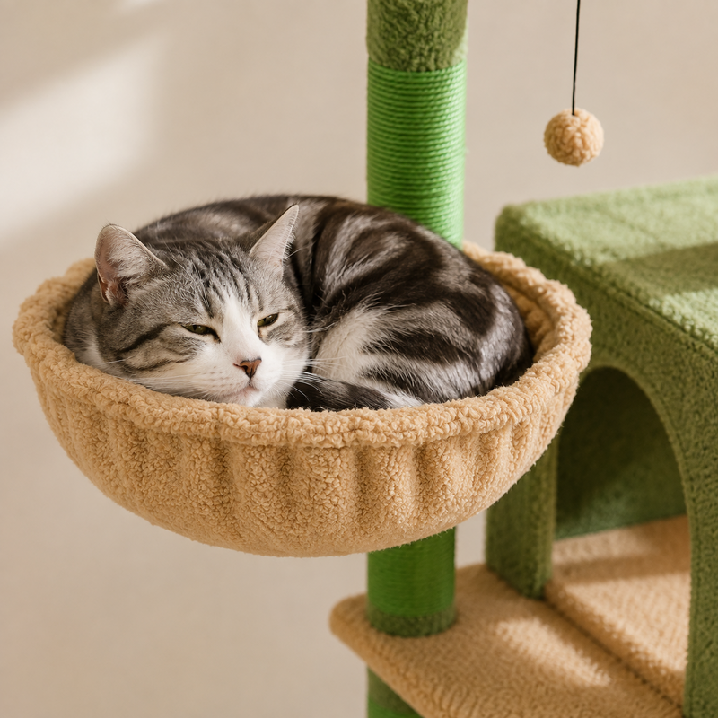 Chat tigré endormi en boule dans le panier rond suspendu beige