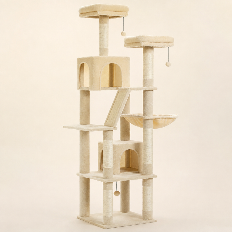 Arbre à chat Maine Coon beige crème, vue d'ensemble sur fond neutre