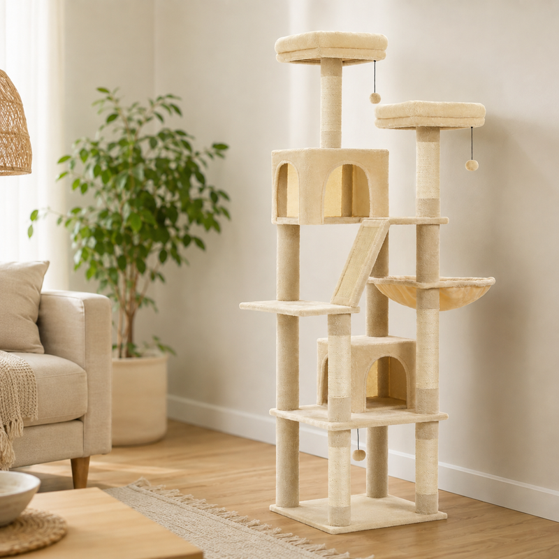 Arbre à chat Maine Coon beige installé dans un salon lumineux