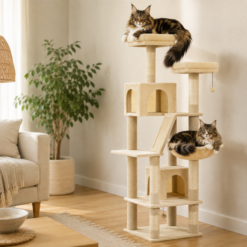 Deux Maine Coon adultes installés sur l'arbre à chat, échelle réelle