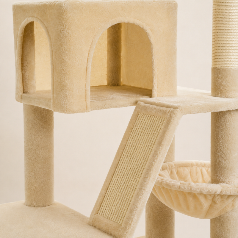 Détail de la rampe à griffer en sisal et de la niche à deux arches