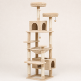 Arbre à chat Maine Coon 184 cm coloris beige : deux niches, hamac et perchoirs ronds