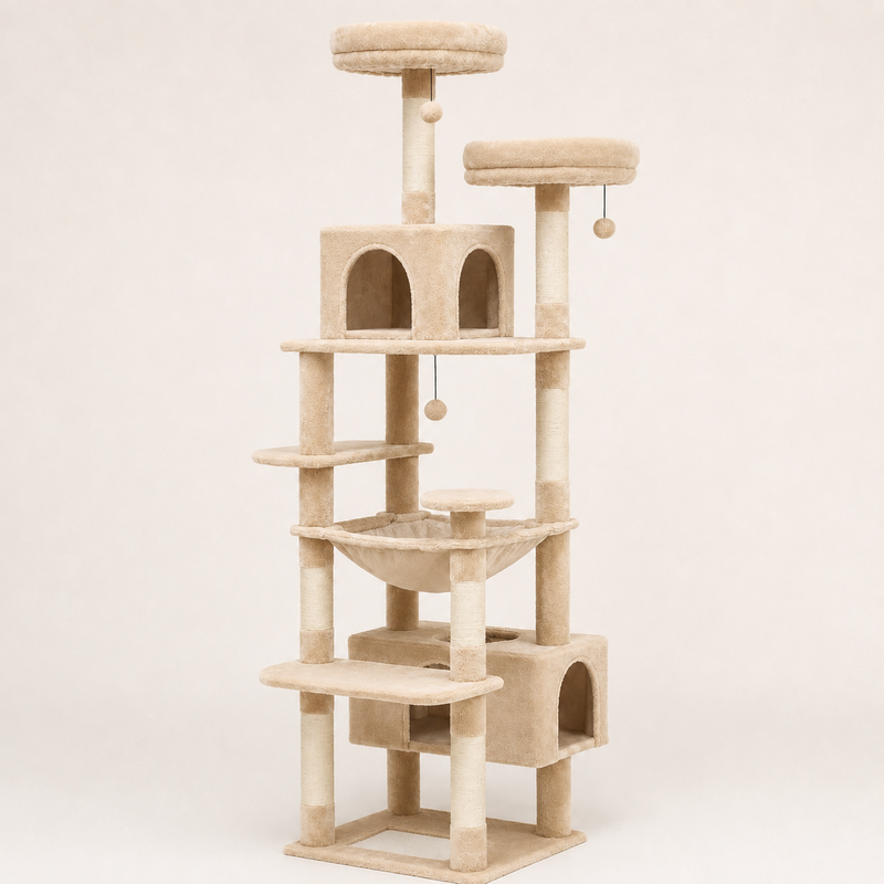 Arbre à chat Maine Coon 184 cm coloris beige : deux niches, hamac et perchoirs ronds