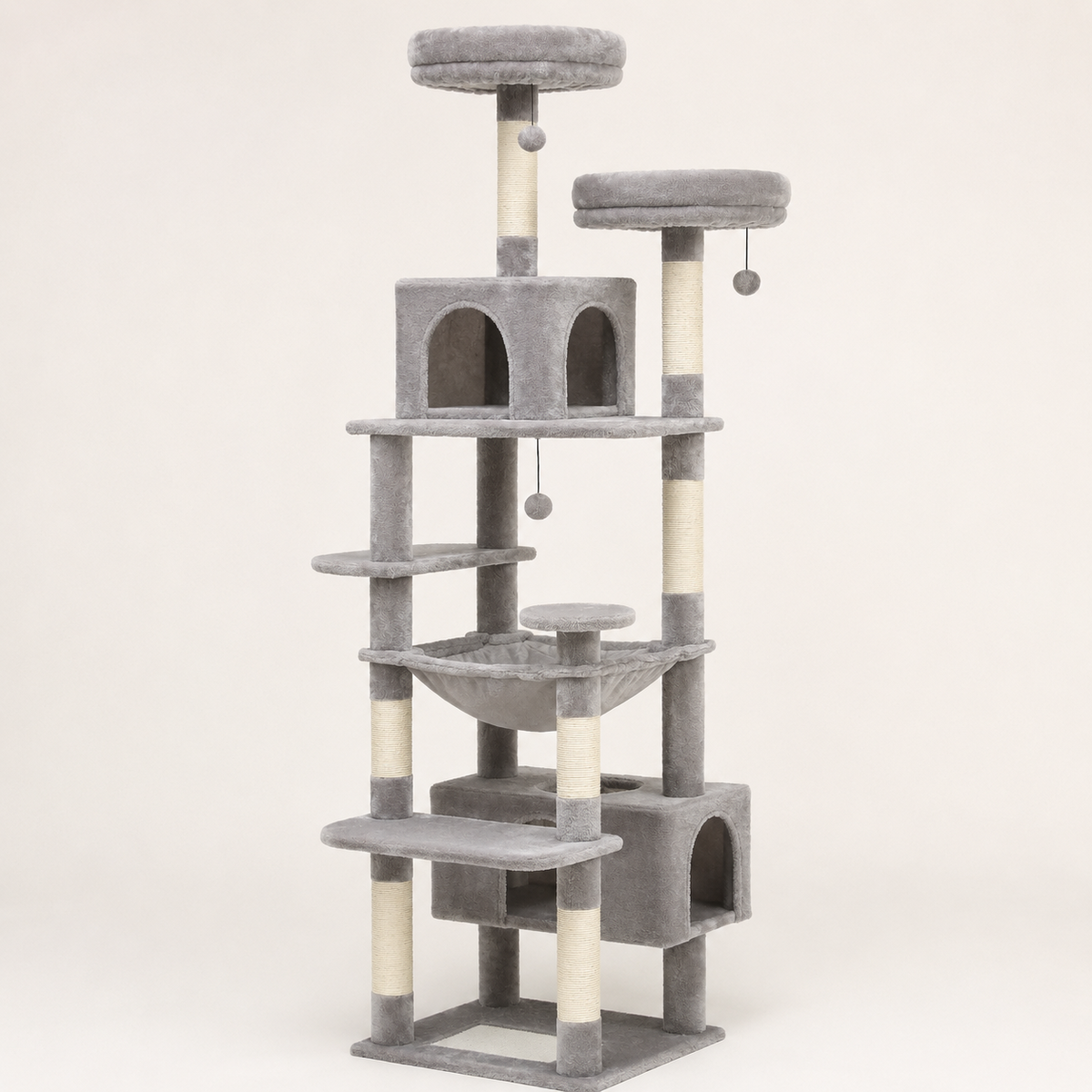 Arbre à chat Maine Coon 184 cm gris : deux niches, hamac et deux perchoirs ronds