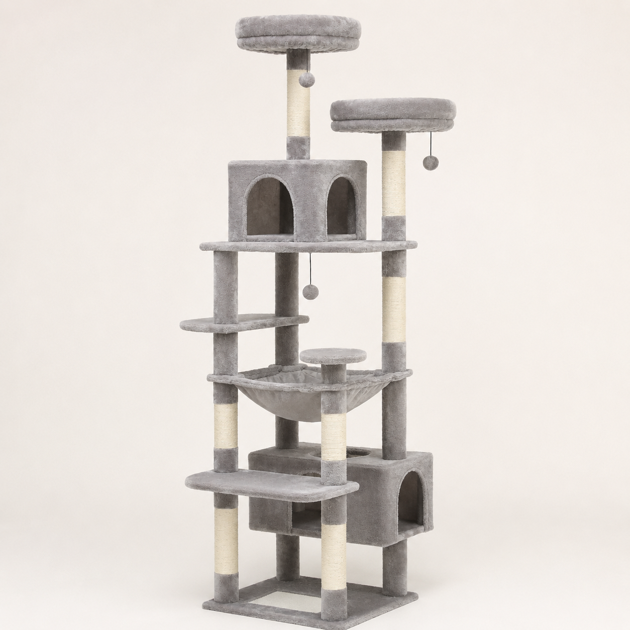 Arbre à chat Maine Coon 184 cm gris : deux niches, hamac et deux perchoirs ronds